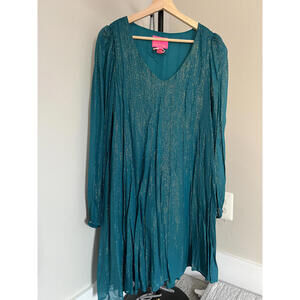 Lilly Pulitzer Teal & Gold Metalic Long Sleeve Sheet Dress, Size Medium